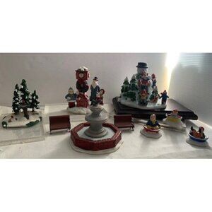 Vintage Christmas Village Miniature Figurine Set with Winter Scene Accessories